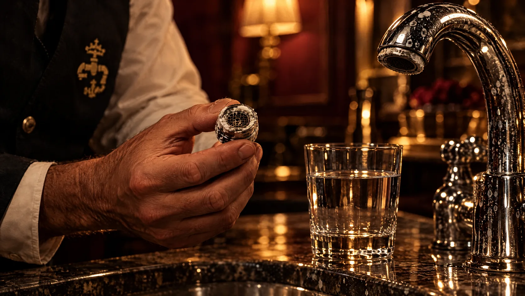 Plumber's hand holding a faucet aerator crusted with mineral scale beside a glass of water at a kitchen sink