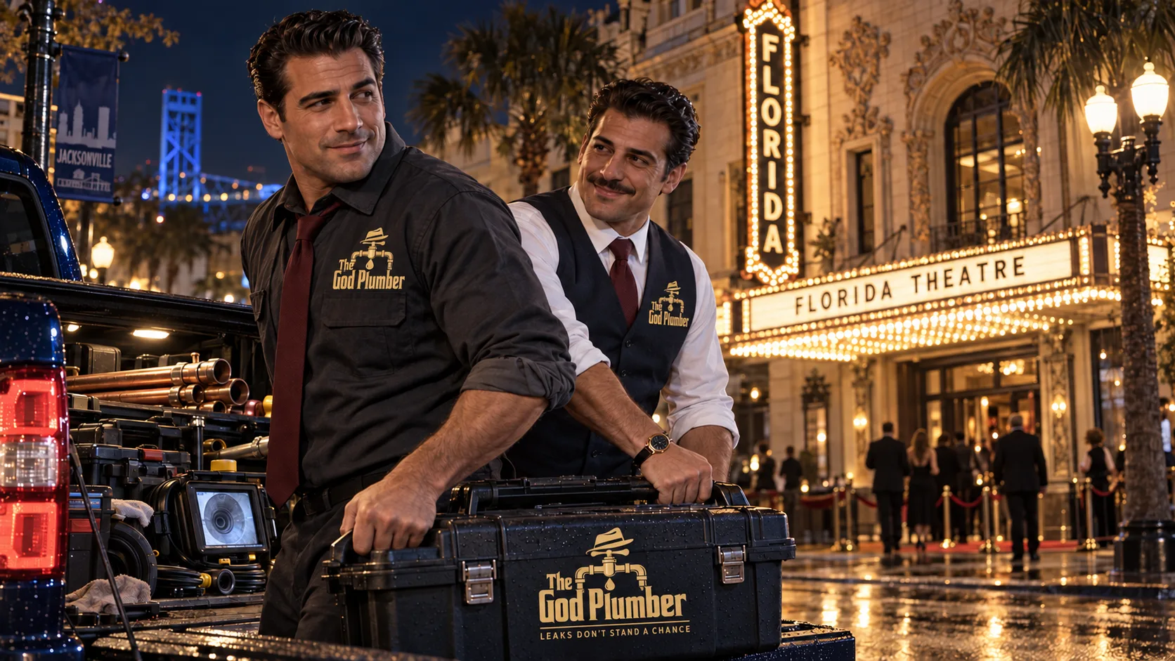 Two crew members lifting a tool case from the truck outside the Florida Theatre