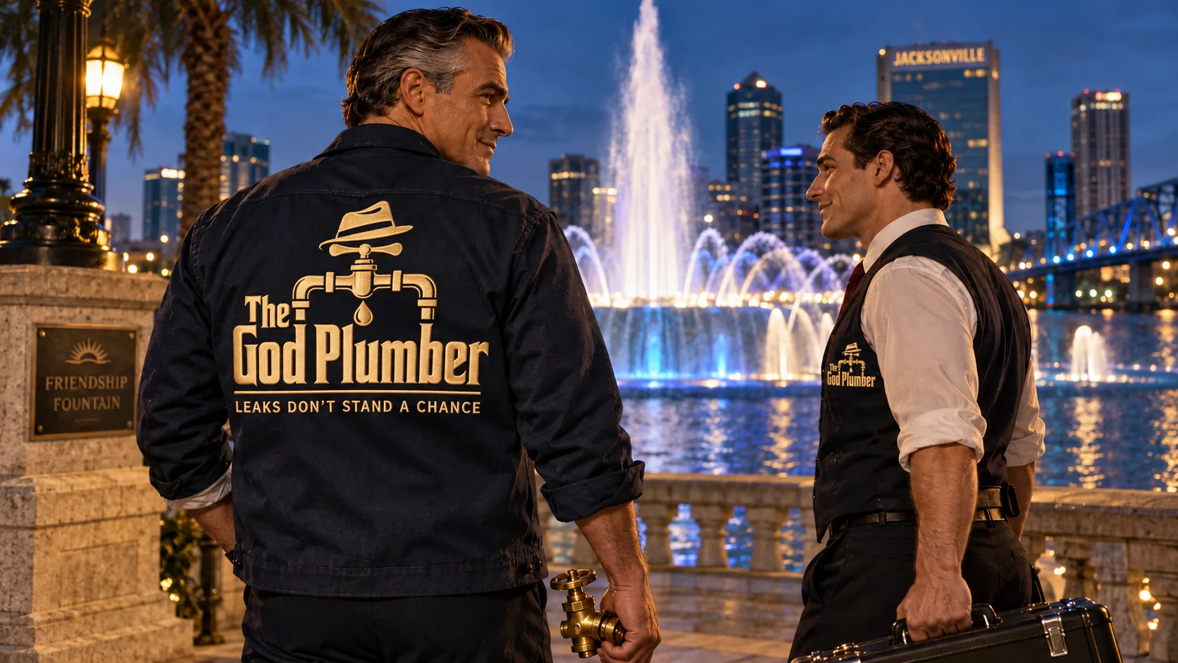 The God Plumber crew at Friendship Fountain with the Jacksonville skyline behind